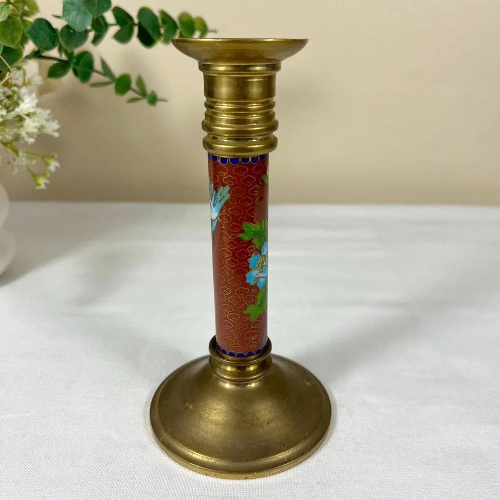 Vintage Oriental Cloisonné Floral and Bird Brass Candlestick Holder